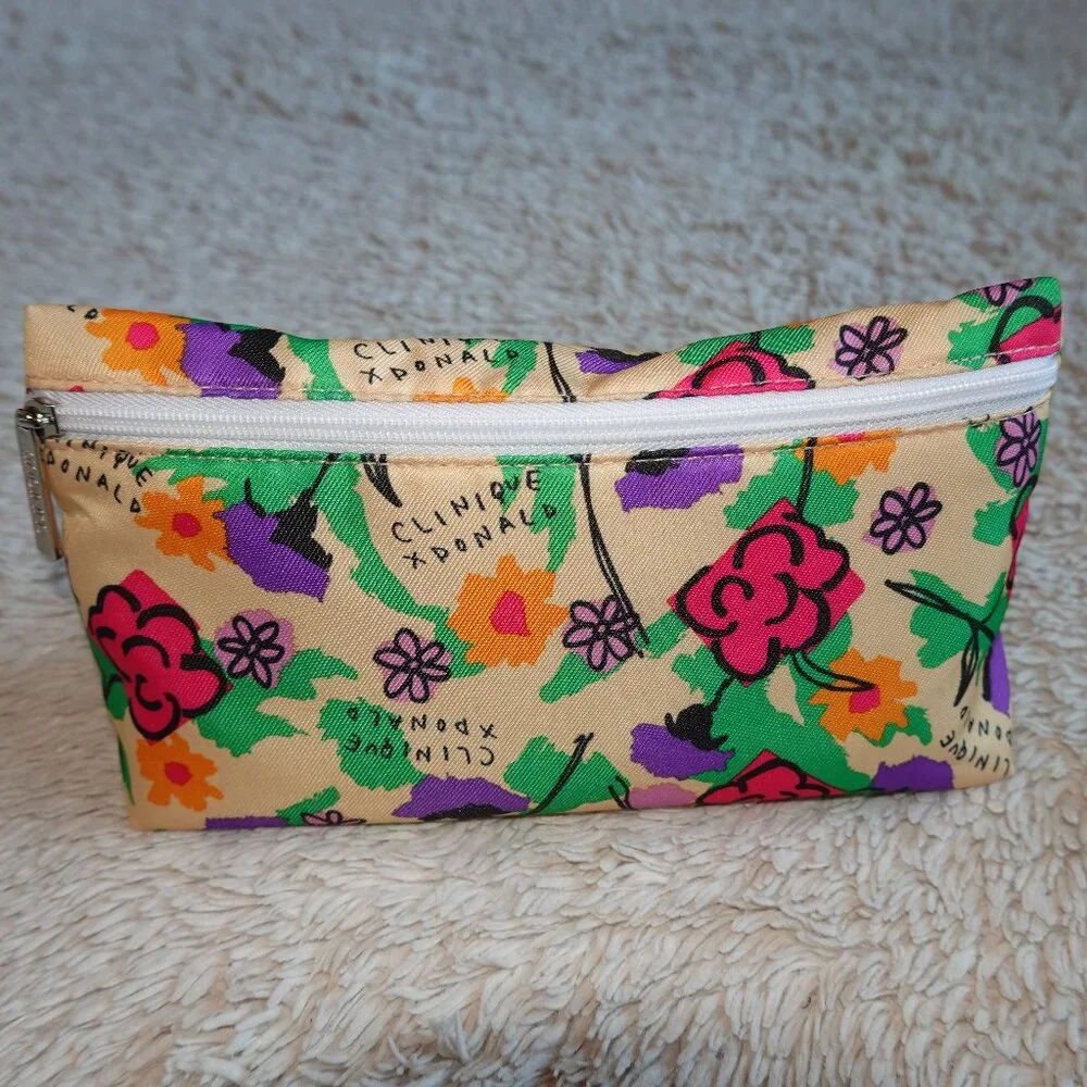 Clinique x Donald Floral Makeup Cosmetics Bag, Purple Lining, NWOT